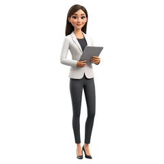Fototapeta premium 3D Cartoon Character of a Businesswoman in a White Blazer Holding a Tablet, AI Generated
