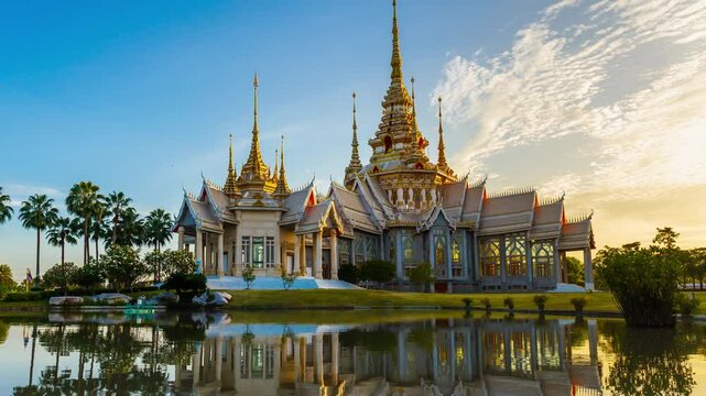 Timelapse of Wat Non Kum or Wat Luang Pho To in Sikhio District, Nakhon Ratchasima, Korat, Thailand is a symbolic place of temples in Thailand. At sunset