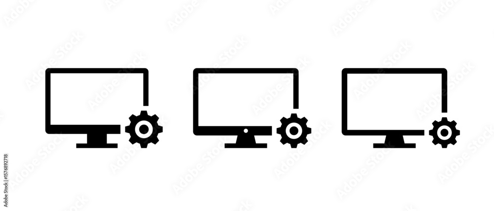 Poster computer setup icon set. monitor with configuration gear symbol. system maintenance and settings con