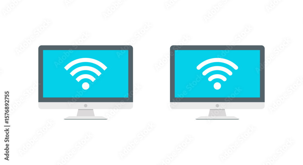Poster flat computer screen with wifi signal. internet connection icon on desktop monitor. wireless technol