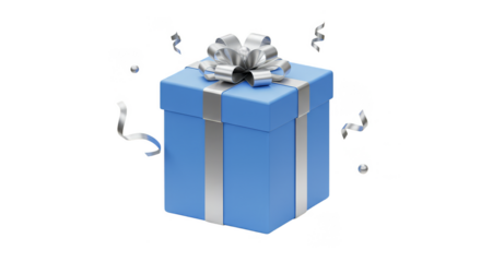 3D Render Blue Gift Box with Silver Ribbon Isolated Transparent Background