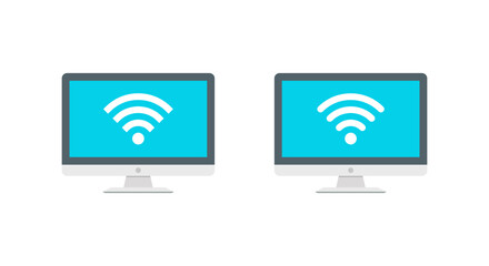 Flat computer screen with wifi signal. Internet connection icon on desktop monitor. Wireless technology and broadband network concept