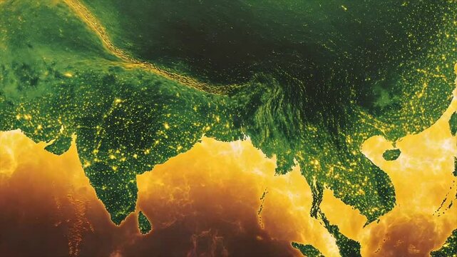 Nighttime satellite view of South Asia, showcasing city lights and landscapes