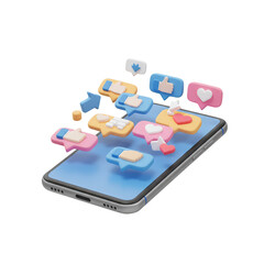 3D Render of Social Media Smartphone with Like Icons Notifications
