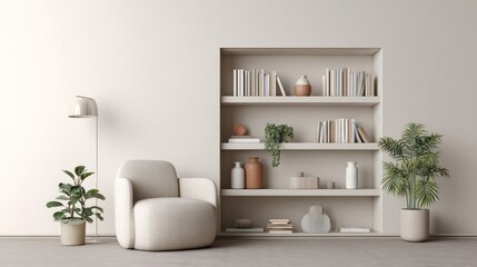 Modern minimalist living room with built-in bookcase