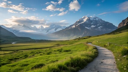 Swiss Alps mountain range with lush forest valleys and meadows, countryside in Switzerland landscape. Snowy mountain tops in the horizon, travel destination wallpaper background See Less

