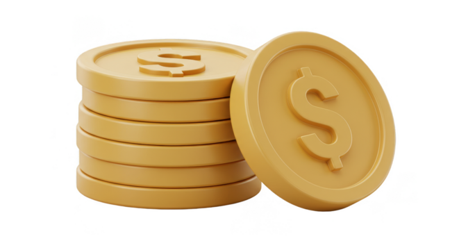 3D Render Golden Dollar Coins Stack Wealth Investment Transparent