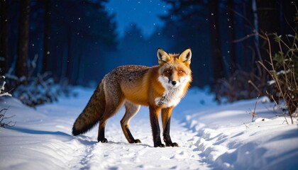 Obraz premium Red fox in snowy forest under twilight sky