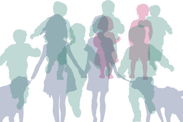 Fototapeta premium An abstract silhouette of children and dogs in a colorful composition symbolizes togetherness, diversity, and connection. Unique pastel shades emphasize the vibrancy and unity of relationships.