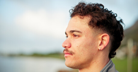 Serious, thinking and man for travel outdoor for vacation, weekend break and planning adventure. Space, male person and reflection for holiday ideas, tourist thoughts and nostalgia memory for getaway