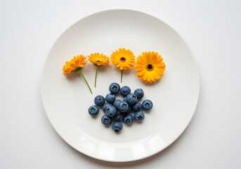 A vibrant composition of edible marigolds and blueberries on a white plate A vibrant composition of vitamin A-rich foods