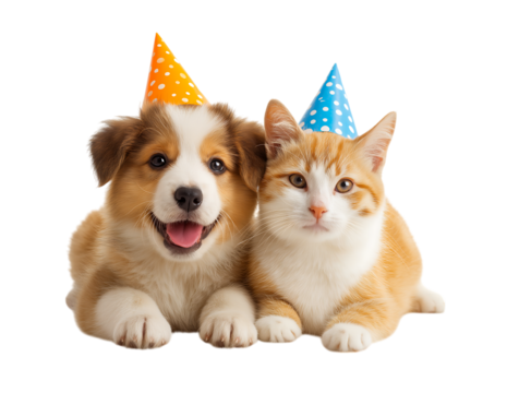 Puppies Singing Happy Birthday Wearing Party Hats isolated on a transparent background