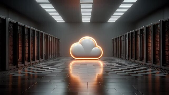 Modern server room with glowing cloud icon