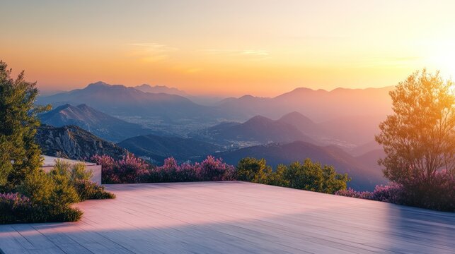 A breathtaking sunset view over majestic mountains with vibrant colors illuminating the serene landscape. Perfect for nature lovers.