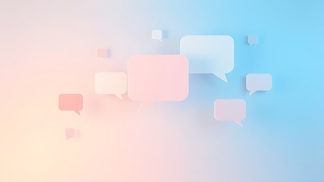 Modern feedback concept with floating speech bubble shapes on a soft gradient background.