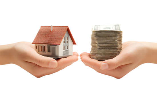Two hands holding a house model and a stack of money, investment real estate concept isolated on a transparent background