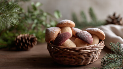 Fototapeta premium Mushroom shaped cookies, bakery, fall themed dessert, bread