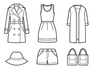 Line art illustration of trendy women's clothing apparel and fashion accessories collection.