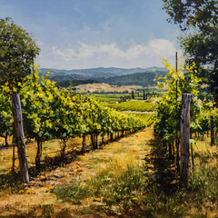 Fototapeta premium Sunlit Vineyard: A Lush Tapestry of Vines and Grapes Under a Blue Sky