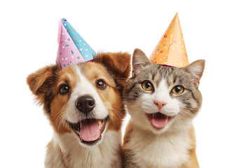 A dog and a cat wearing party hats, sitting together isolated on a transparent background