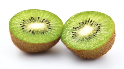 Fototapeta premium Fresh Kiwi Halves with Vibrant Green Texture and Seeds, Isolated on White Background 