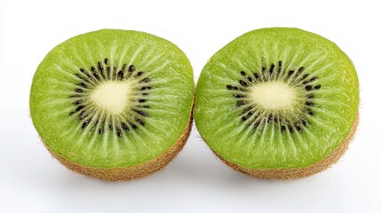Fototapeta premium Fresh Kiwi Halves with Vibrant Green Texture and Seeds, Isolated on White Background 