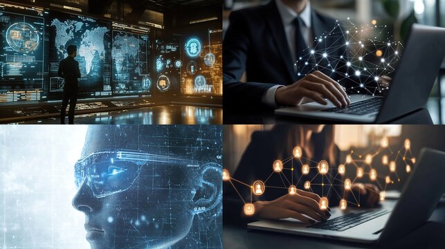 Four-panel collage with data display, user typing, and tech-integrated face