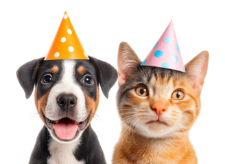 Happy pets wearing party hats celebrate birthday. isolated on a transparent background
