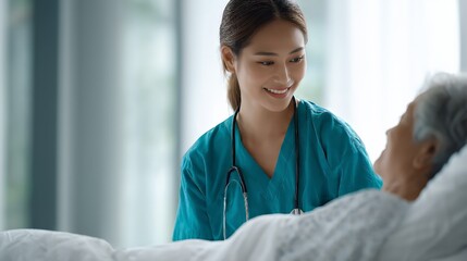 Smiling nurse in teal scrubs and stethoscope providing care and comfort to elderly patient in hospital bed, embodying compassion and support in healthcare