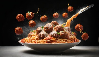 Delicious Spaghetti and Meatballs meal with Al Dente pasta, Rich Tomato Sauce, Golden Brown Meatballs, and Dramatic Presentation on Black Background.