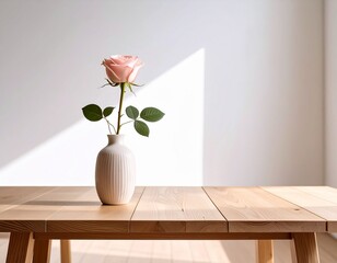 One Pink rose in vase on table in white room