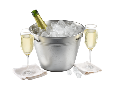 Chilled champagne bottle rests elegantly in silver ice bucket filled with ice, perfect for celebrations and special moments isolated on a transparent background