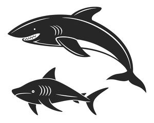 Obraz premium Simple black and white illustration of two sharks in different poses on white background.