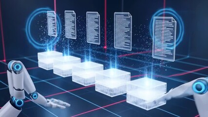 Futuristic robotic arms processing data cubes in a digital environment with glowing holographic displays - Powered by Adobe