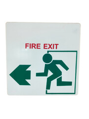 A green running figure and arrow pointing left indicating the direction to the fire exit, with red 