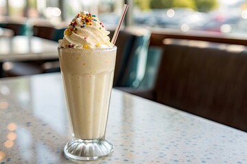 Creamy vanilla milkshake topped with whipped cream and sprinkles in a vibrant diner setting