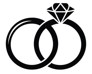 Elegant black and white illustration of two wedding rings with a diamond engagement ring.