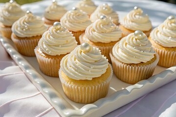 Elegant vanilla cupcakes with swirled frosting and decorative pearls on a table outdoors