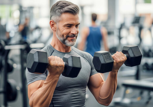 Fit middle-aged man with grey hair lifting dumbbells at the gym. Strength training, healthy lifestyle, and fitness motivation for men over 40. Perfect example of active aging and muscle building.


