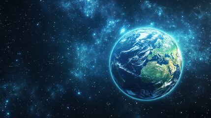 Obraz premium Stunning view of Earth from space, showcasing vibrant colors and beautiful landforms against a backdrop of stars and galaxies.