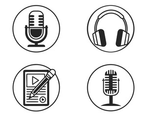 Black and white podcasting icons representing recording equipment and media production elements.