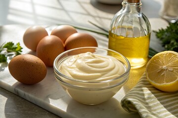 Freshly prepared mayonnaise in a bowl surrounded by eggs, olive oil, and lemon on a kitchen counter