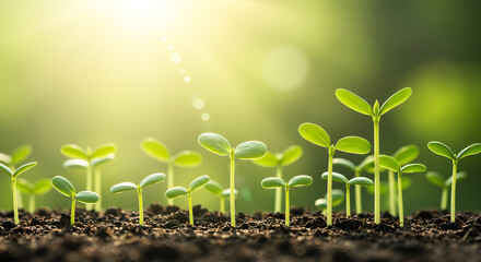 Emergence of new life: Fresh green sprouts in fertile soil bathed in sunlight
