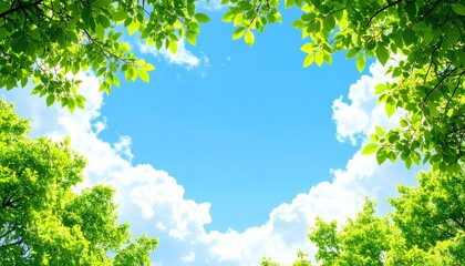 green tree branches frame on blue sky backdrop