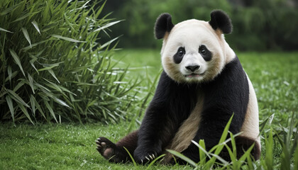 Fototapeta premium Panda sitting in lush green grass, surrounded by bamboo. AI generated.