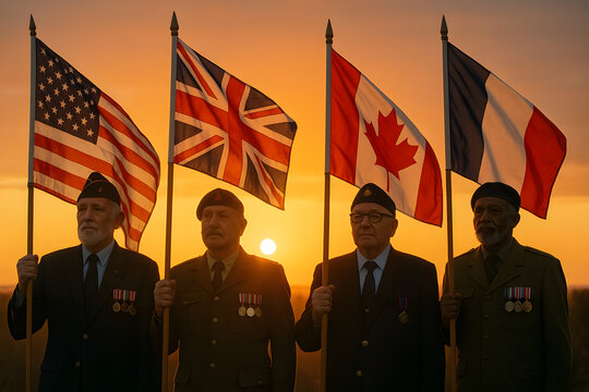 Veterans holding flags of usa uk canada france sunset remembrance day