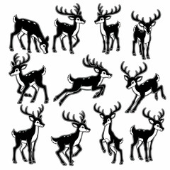 Deer poses collection, black and white animal outlines