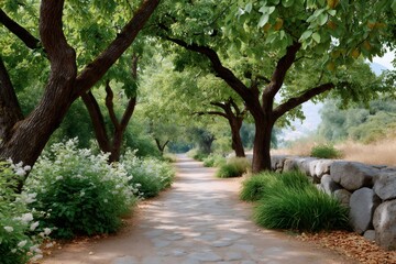 Stone paved path going through green trees and white flowers in a park