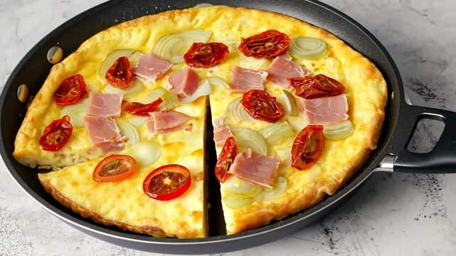Delicious frittata with ham, sun-dried tomatoes, and onions in a skillet on a marble countertop