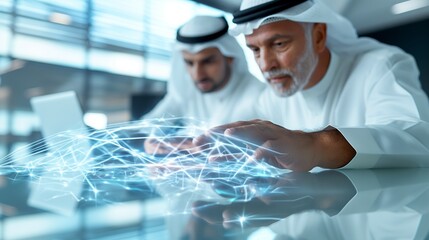 Two arab businessmen are using a futuristic holographic interface projected on a glass table in a modern office, showcasing innovation and technology in business